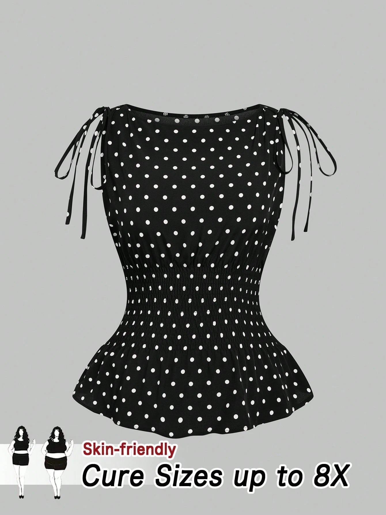CURVE+ Plus Size Women's 1950s Vintage Black And White Polka Dot Bow Shoulder Tank Top,Summer Elegant Everyday Retro French Slim Fit Vacation Leisure Top