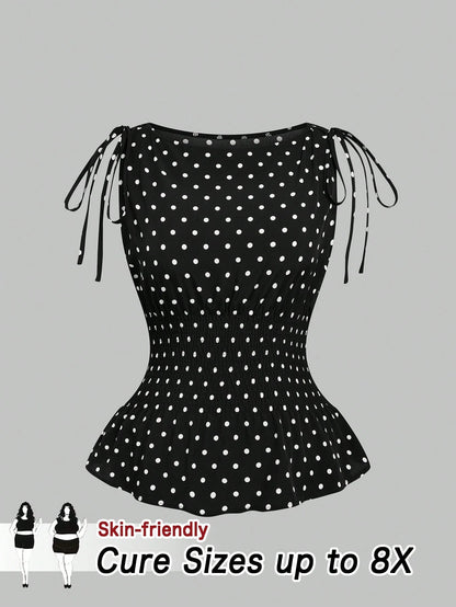 CURVE+ Plus Size Women's 1950s Vintage Black And White Polka Dot Bow Shoulder Tank Top,Summer Elegant Everyday Retro French Slim Fit Vacation Leisure Top