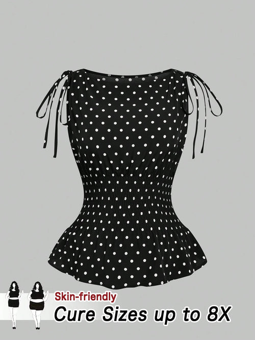 CURVE+ Plus Size Women's 1950s Vintage Black And White Polka Dot Bow Shoulder Tank Top,Summer Elegant Everyday Retro French Slim Fit Vacation Leisure Top