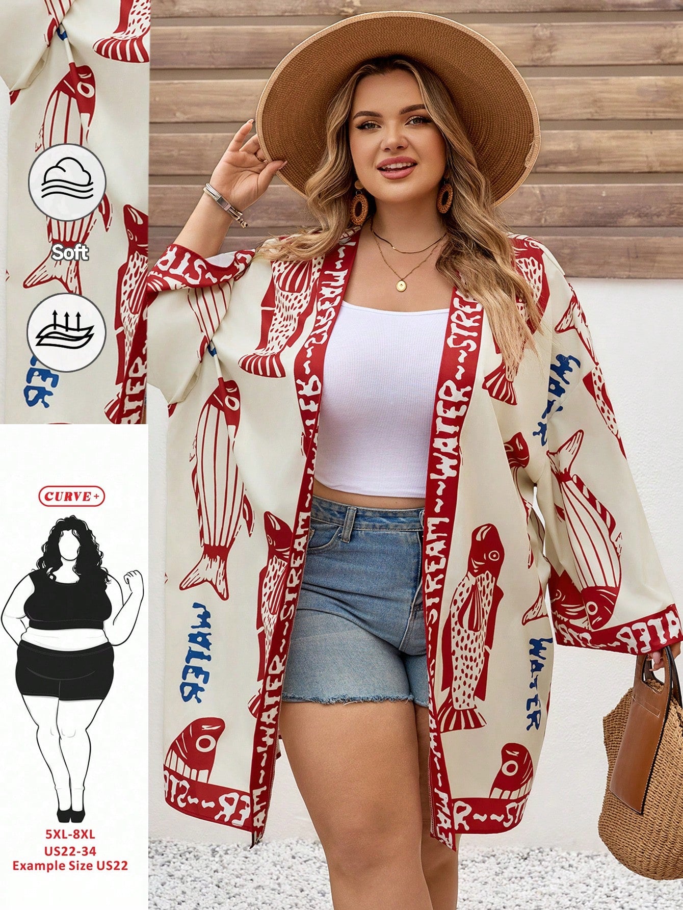 CURVE+ Plus Size Women's Beige Ocean Fish Print Chiffon Kimono Cover Up,Tropical Summer Vacation Holiday Loose Mid-Length Sleeve Beach Pattern Shirt