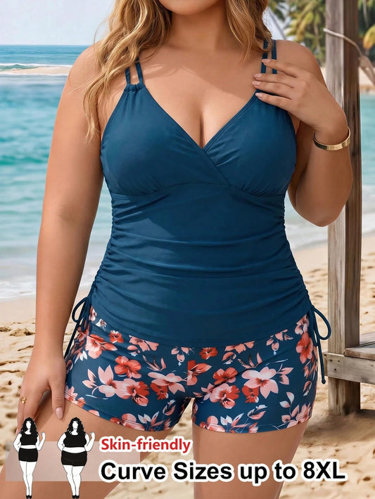 CURVE+ Plus Size Women's Solid Color Pleated Tankini Top Floral Print Shorts Two-Piece Swimsuit Set Summer Sky Blue Teal Sexy Beach Vacation Vacation Gym