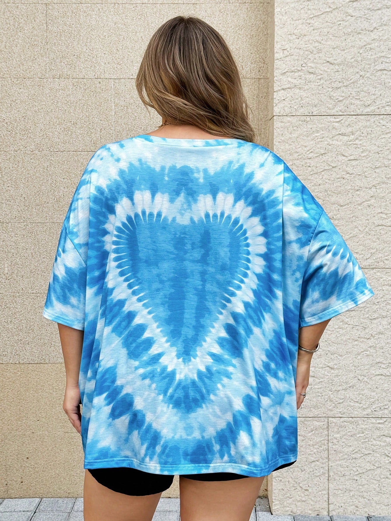 CURVE+ Plus Size Women's Summer Beach Vacation Tie-Dye Heart Print Loose Fit T-Shirt XUMJ