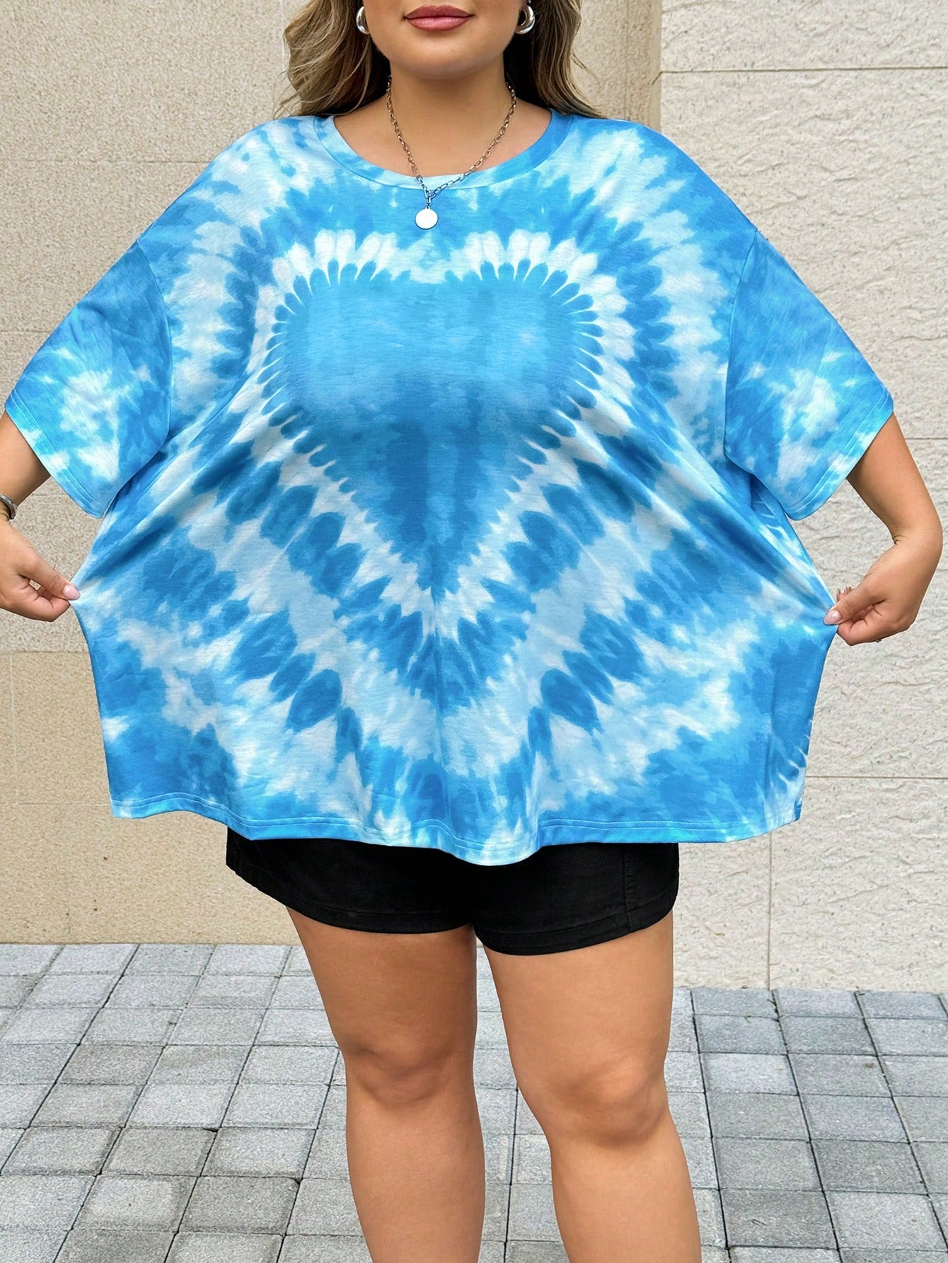 CURVE+ Plus Size Women's Summer Beach Vacation Tie-Dye Heart Print Loose Fit T-Shirt XUMJ