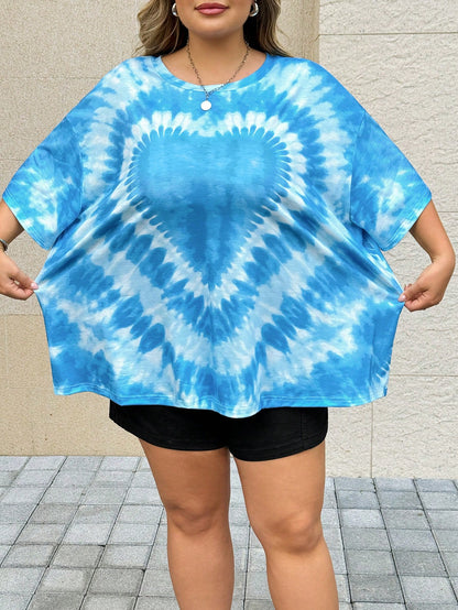 CURVE+ Plus Size Women's Summer Beach Vacation Tie-Dye Heart Print Loose Fit T-Shirt XUMJ