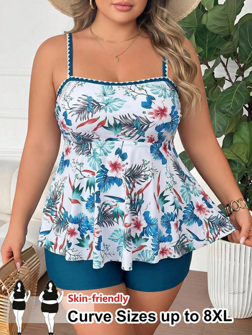 CURVE+ Plus Size Women's Tropical Plant Print Camisole Tank Top With Solid Color Flat Shorts Casual Safari Tankini Set White Teal Summer Beach Vacation