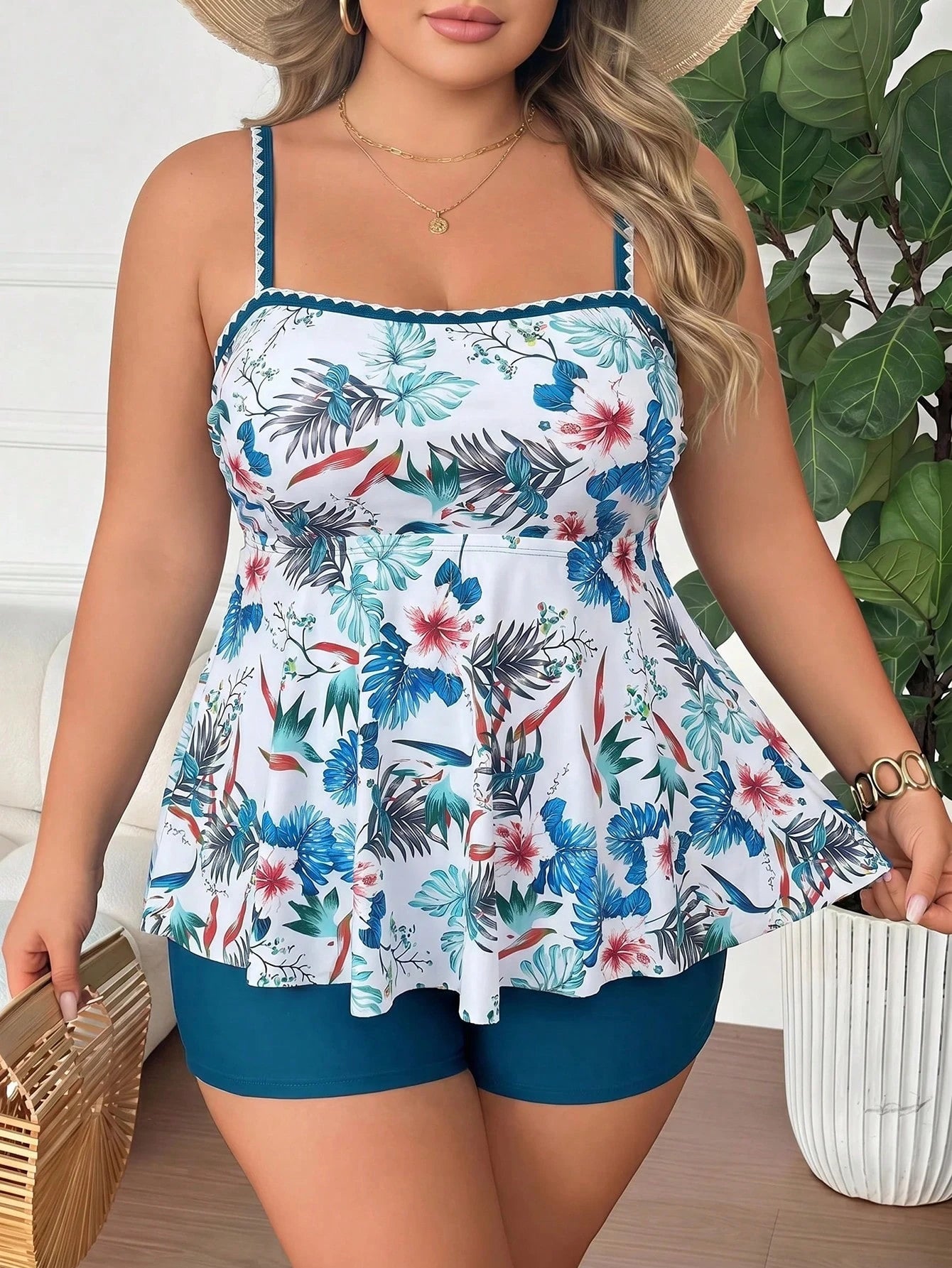 CURVE+ Plus Size Women's Tropical Plant Print Camisole Tank Top With Solid Color Flat Shorts Casual Safari Tankini Set White Teal Summer Beach Vacation