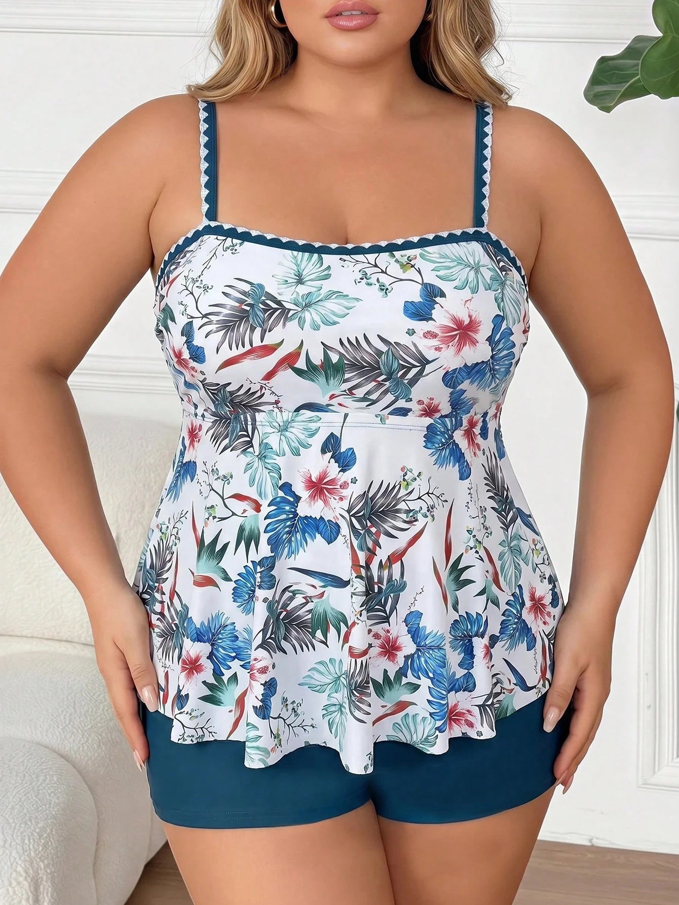 CURVE+ Plus Size Women's Tropical Plant Print Camisole Tank Top With Solid Color Flat Shorts Casual Safari Tankini Set White Teal Summer Beach Vacation