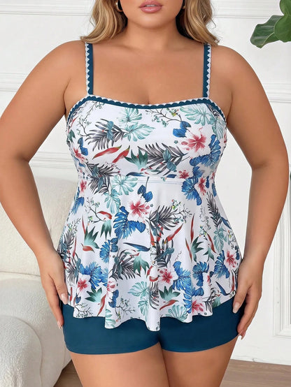 CURVE+ Plus Size Women's Tropical Plant Print Camisole Tank Top With Solid Color Flat Shorts Casual Safari Tankini Set White Teal Summer Beach Vacation