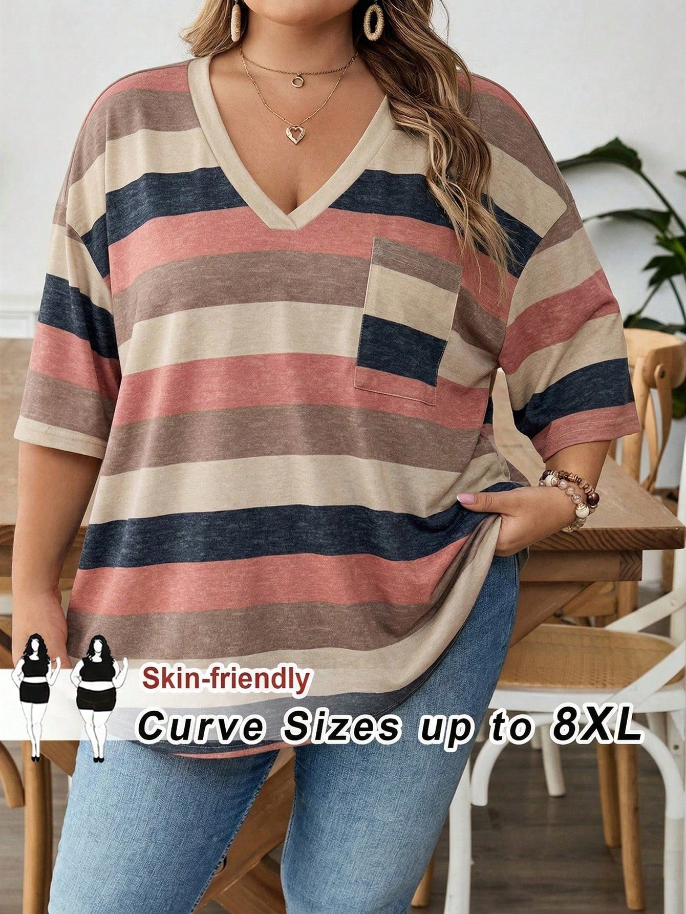 CURVE+ Plus Size Women's V-Neck Contrast Striped Loose Casual Summer T-Shirt With Pocket,Everyday Beige Short Sleeve Top,Curve Sizes Up To 8XL