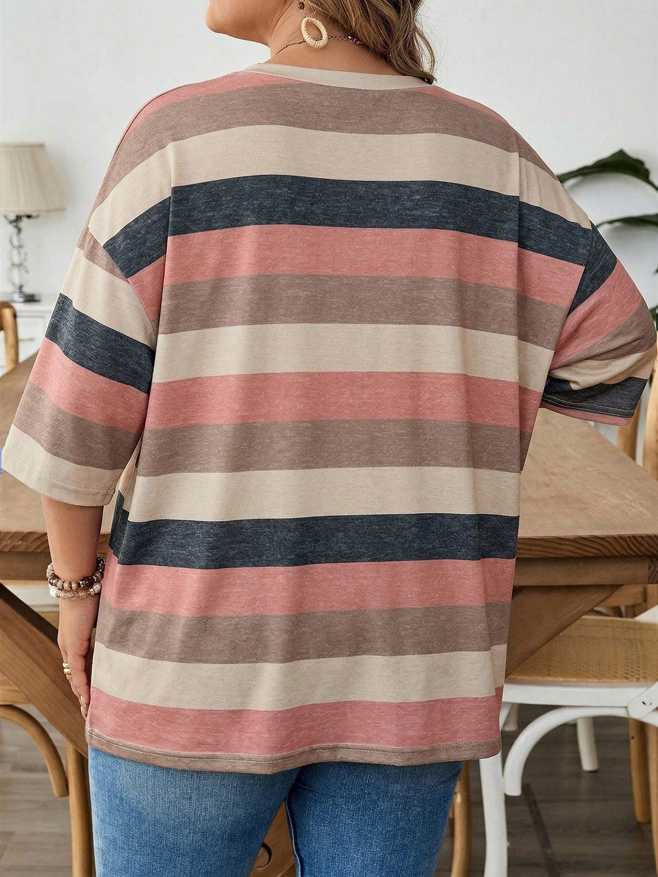 CURVE+ Plus Size Women's V-Neck Contrast Striped Loose Casual Summer T-Shirt With Pocket,Everyday Beige Short Sleeve Top,Curve Sizes Up To 8XL