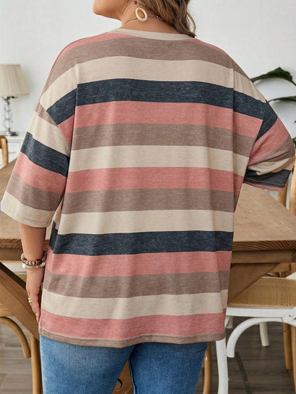 CURVE+ Plus Size Women's V-Neck Contrast Striped Loose Casual Summer T-Shirt With Pocket,Everyday Beige Short Sleeve Top,Curve Sizes Up To 8XL