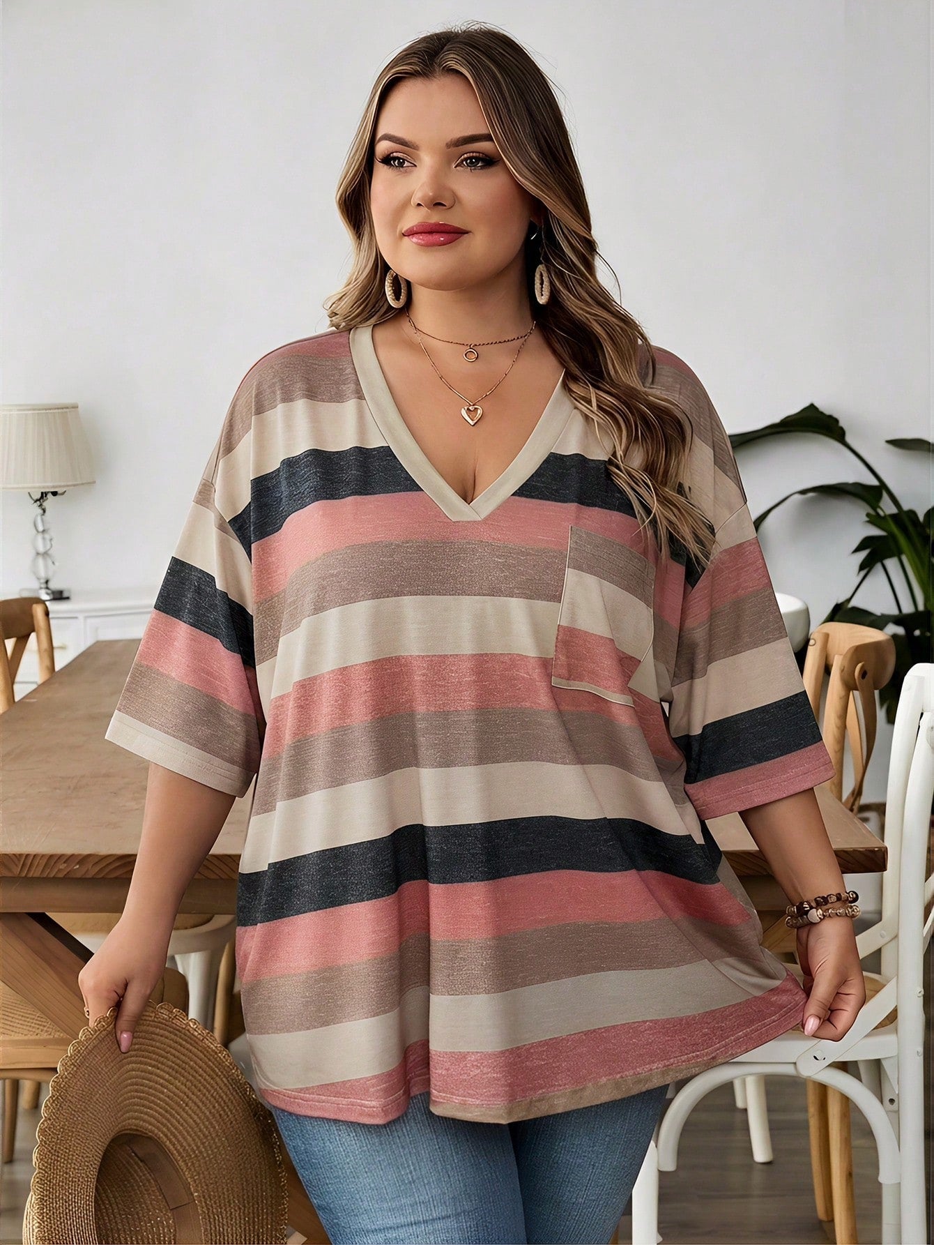 CURVE+ Plus Size Women's V-Neck Contrast Striped Loose Casual Summer T-Shirt With Pocket,Everyday Beige Short Sleeve Top,Curve Sizes Up To 8XL