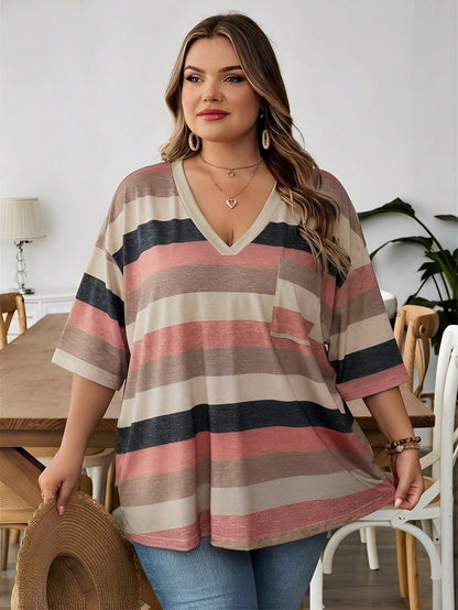 CURVE+ Plus Size Women's V-Neck Contrast Striped Loose Casual Summer T-Shirt With Pocket,Everyday Beige Short Sleeve Top,Curve Sizes Up To 8XL