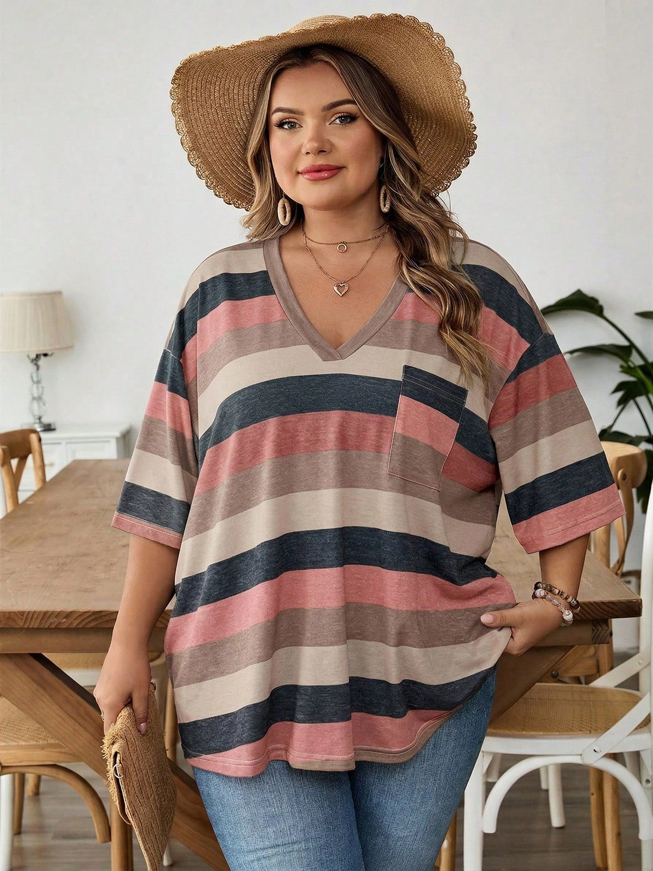 CURVE+ Plus Size Women's V-Neck Contrast Striped Loose Casual Summer T-Shirt With Pocket,Everyday Beige Short Sleeve Top,Curve Sizes Up To 8XL