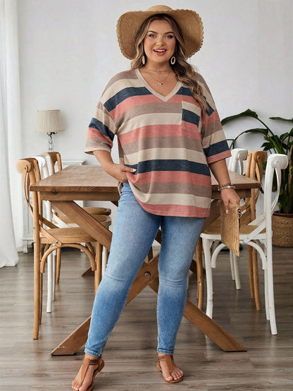 CURVE+ Plus Size Women's V-Neck Contrast Striped Loose Casual Summer T-Shirt With Pocket,Everyday Beige Short Sleeve Top,Curve Sizes Up To 8XL