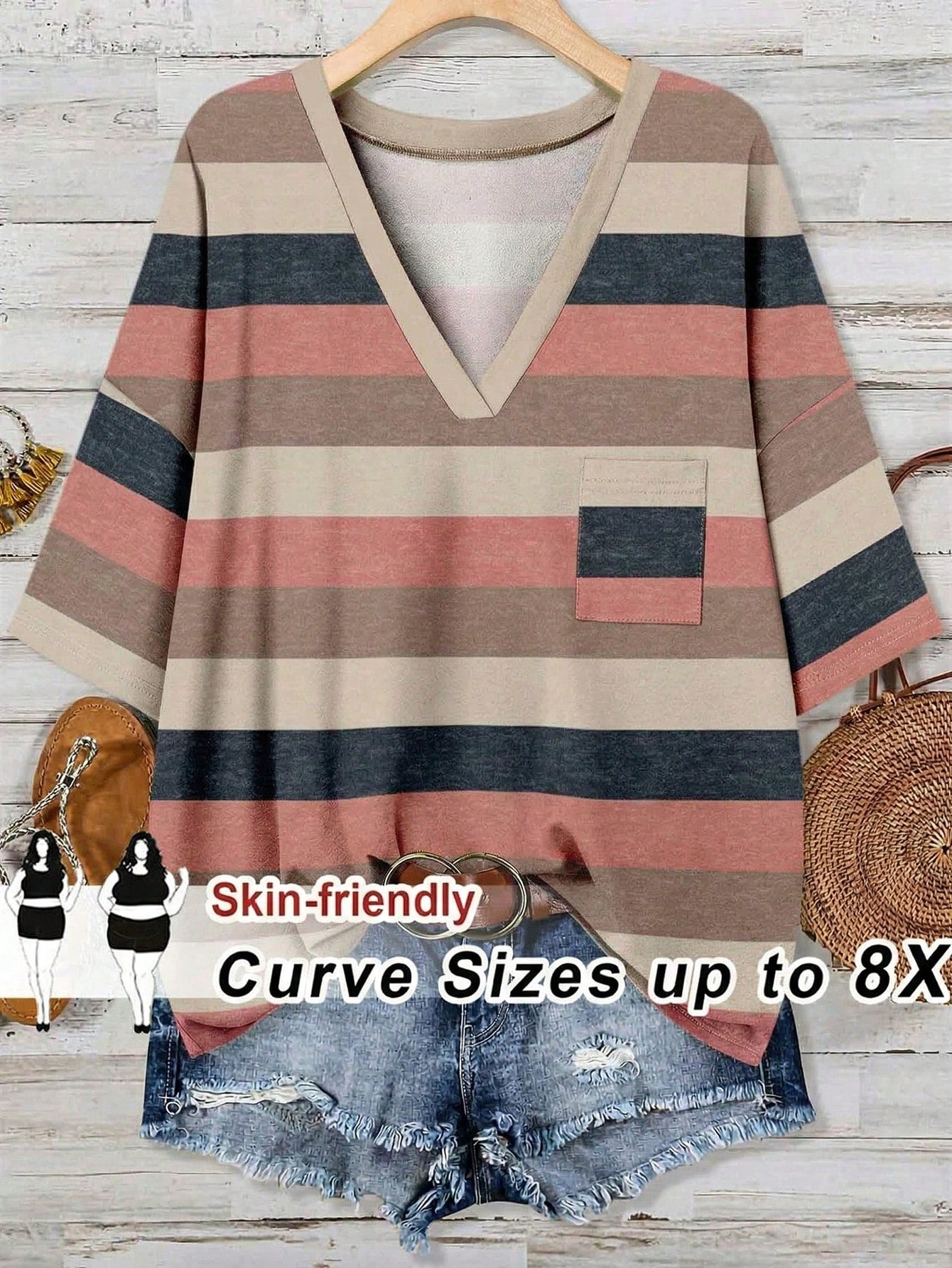 CURVE+ Plus Size Women's V-Neck Contrast Striped Loose Casual Summer T-Shirt With Pocket,Everyday Beige Short Sleeve Top,Curve Sizes Up To 8XL