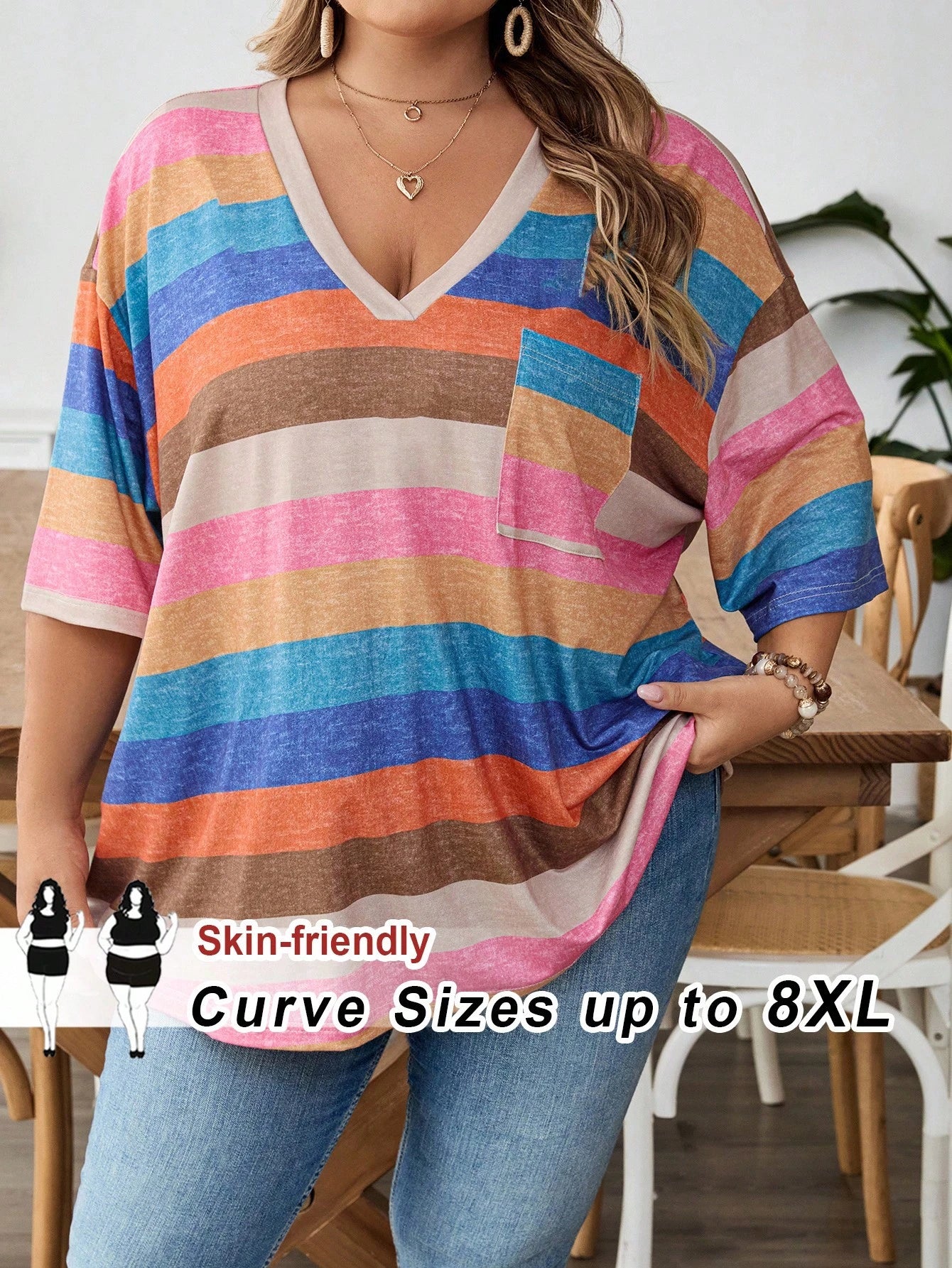 CURVE+ Plus Size Women's V-Neck Contrast Striped Loose Casual Summer T-Shirt With Pocket,Everyday Beige Short Sleeve Top,Curve Sizes Up To 8XL