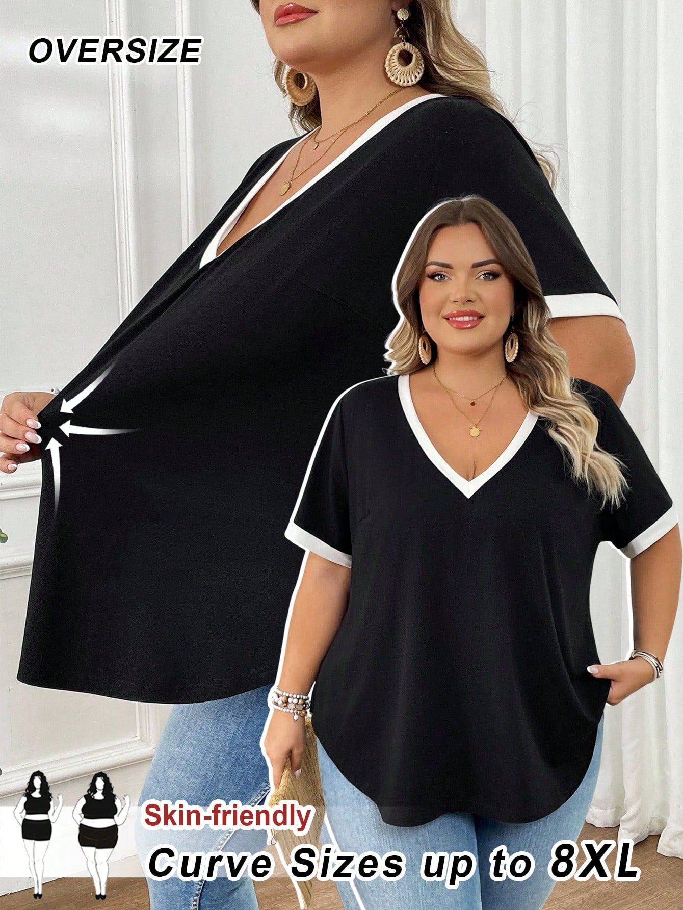 CURVE+ Plus Size Women's V-Neck Short Sleeved Casual Elegant T-Shirt, Black And White Color Scheme Summer Country Beach Semi Formal Bussines Vacation Wear