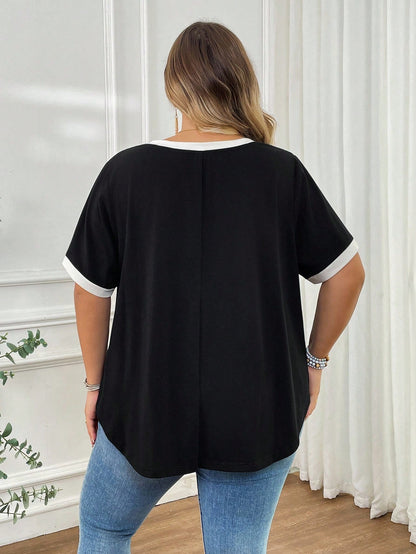 CURVE+ Plus Size Women's V-Neck Short Sleeved Casual Elegant T-Shirt, Black And White Color Scheme Summer Country Beach Semi Formal Bussines Vacation Wear