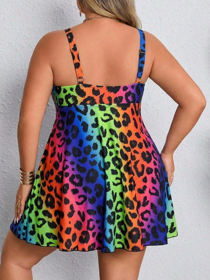 CURVE+ Plus Size Women Summer Sexy Beach Vacation Ombre Leopard Print Swimsuit Dress