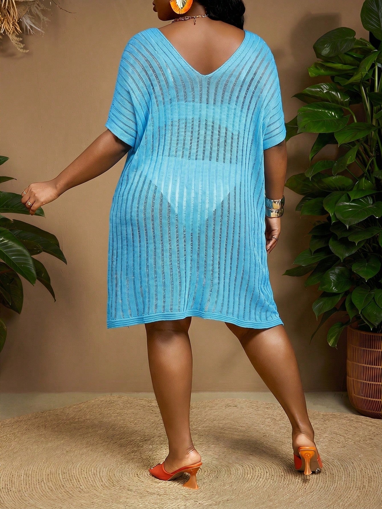 CURVE+ Summer Beach Plus Size Batwing Sleeve Split Thigh Cover Up Dress Without Bikini Set, Curve Plus Baby Blue Sexy