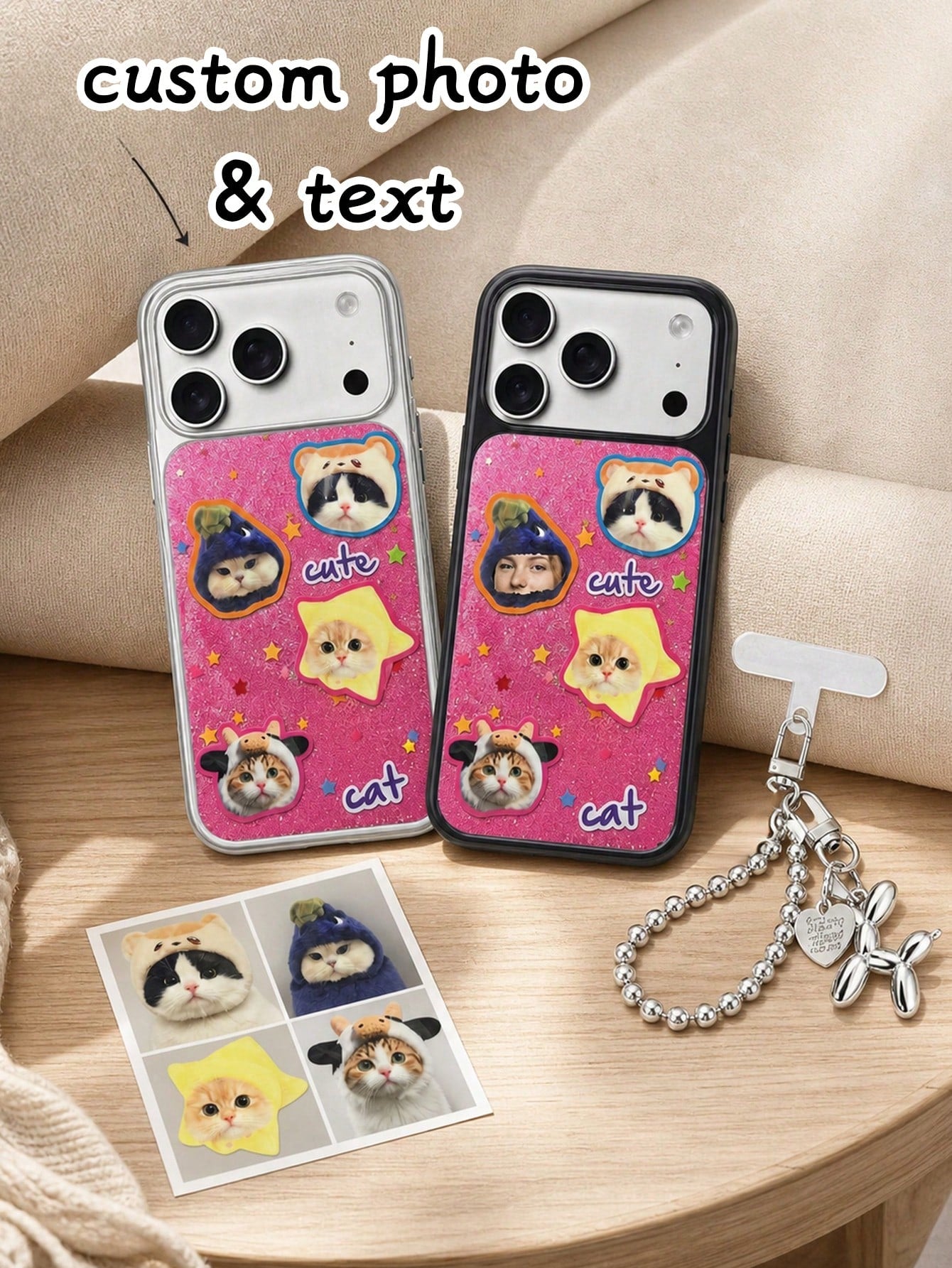 Custom Photo & Text Glitter Phone Case, Upload 4 Pet Or Portrait Photos To Convert Into Cute Sticker Patterns, Add Personalized Text Freely. Pink Glitter Background With Star Decoration, Soft Transpar
