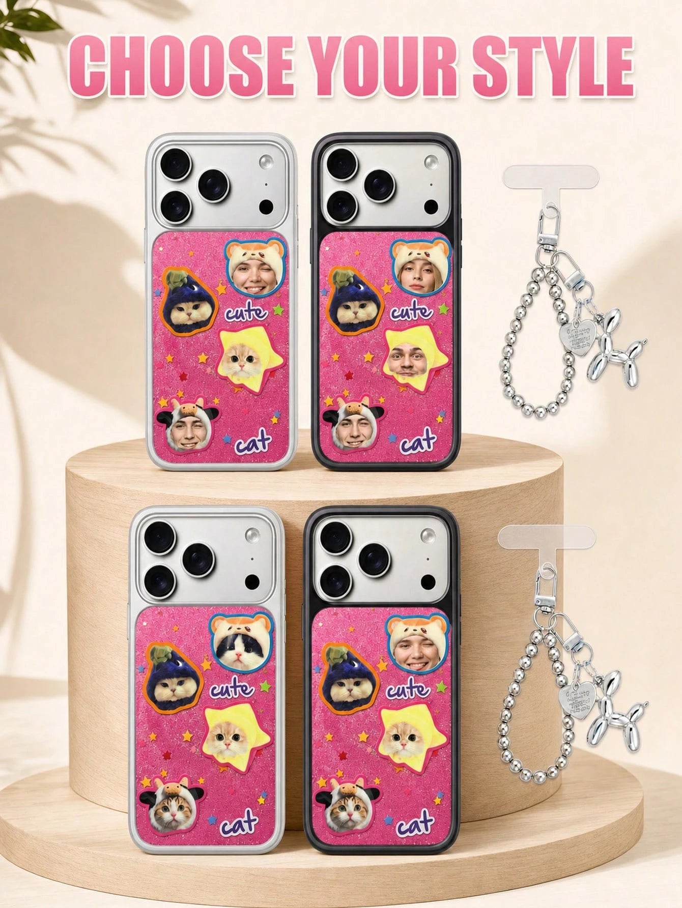 Custom Photo & Text Glitter Phone Case, Upload 4 Pet Or Portrait Photos To Convert Into Cute Sticker Patterns, Add Personalized Text Freely. Pink Glitter Background With Star Decoration, Soft Transpar