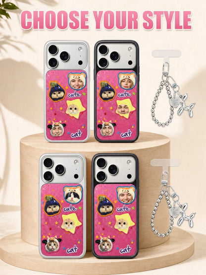 Custom Photo & Text Glitter Phone Case, Upload 4 Pet Or Portrait Photos To Convert Into Cute Sticker Patterns, Add Personalized Text Freely. Pink Glitter Background With Star Decoration, Soft Transpar