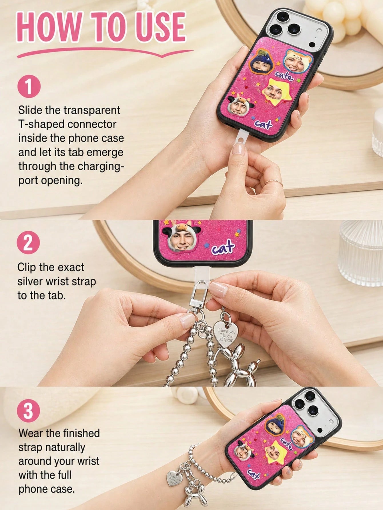 Custom Photo & Text Glitter Phone Case, Upload 4 Pet Or Portrait Photos To Convert Into Cute Sticker Patterns, Add Personalized Text Freely. Pink Glitter Background With Star Decoration, Soft Transpar