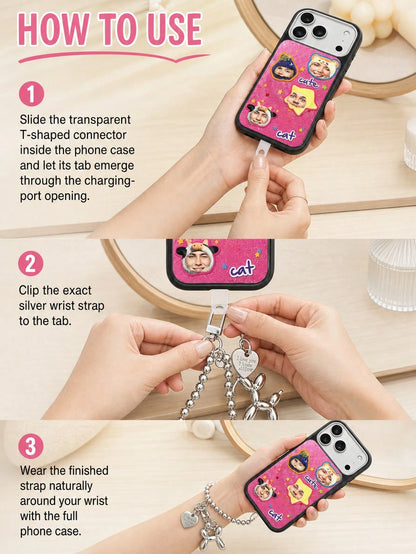 Custom Photo & Text Glitter Phone Case, Upload 4 Pet Or Portrait Photos To Convert Into Cute Sticker Patterns, Add Personalized Text Freely. Pink Glitter Background With Star Decoration, Soft Transpar