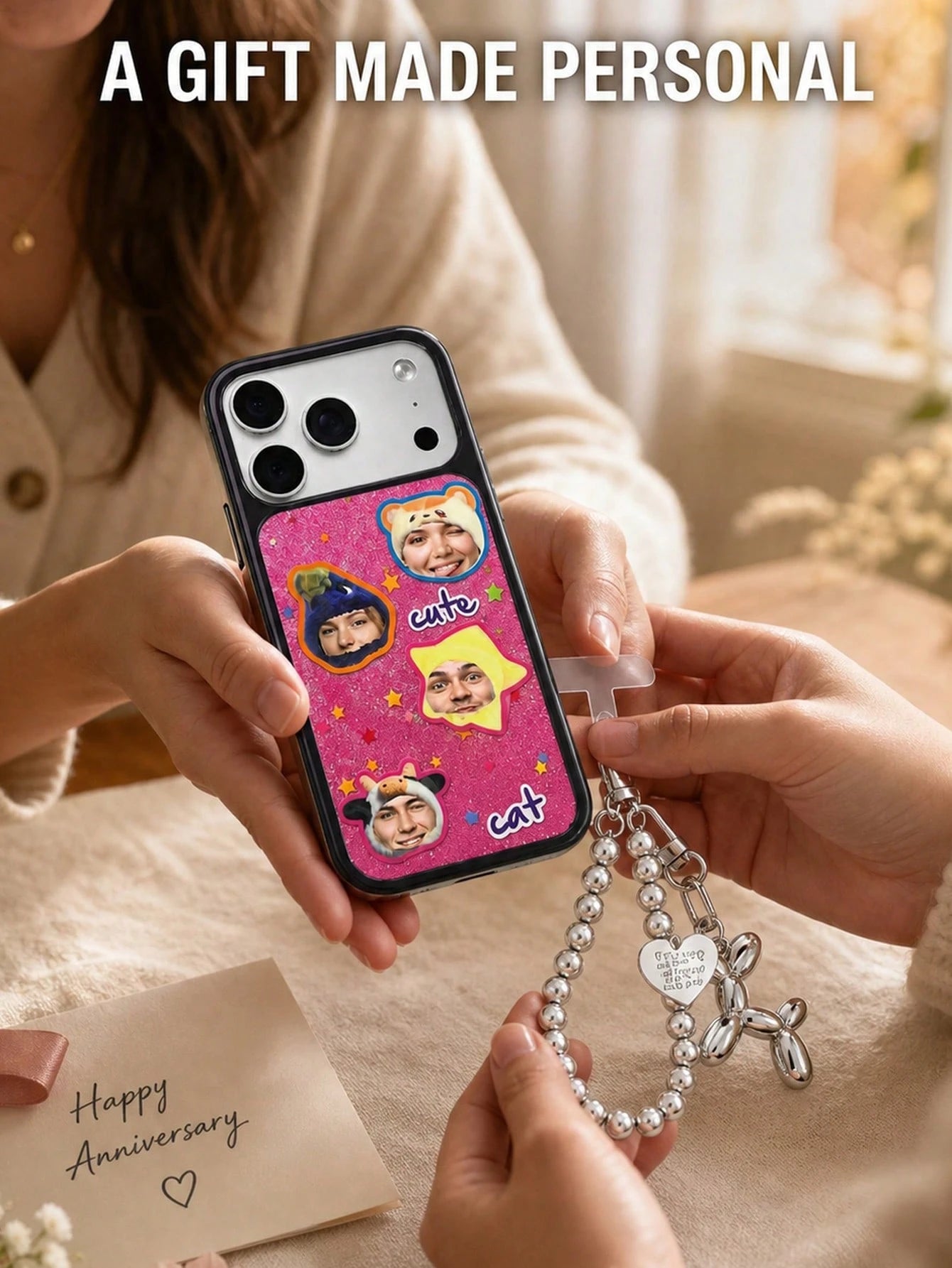 Custom Photo & Text Glitter Phone Case, Upload 4 Pet Or Portrait Photos To Convert Into Cute Sticker Patterns, Add Personalized Text Freely. Pink Glitter Background With Star Decoration, Soft Transpar