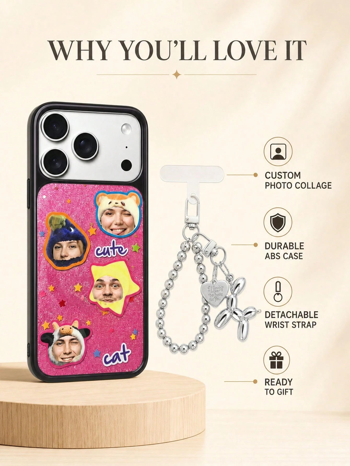 Custom Photo & Text Glitter Phone Case, Upload 4 Pet Or Portrait Photos To Convert Into Cute Sticker Patterns, Add Personalized Text Freely. Pink Glitter Background With Star Decoration, Soft Transpar