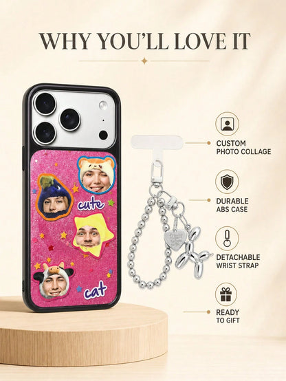 Custom Photo & Text Glitter Phone Case, Upload 4 Pet Or Portrait Photos To Convert Into Cute Sticker Patterns, Add Personalized Text Freely. Pink Glitter Background With Star Decoration, Soft Transpar