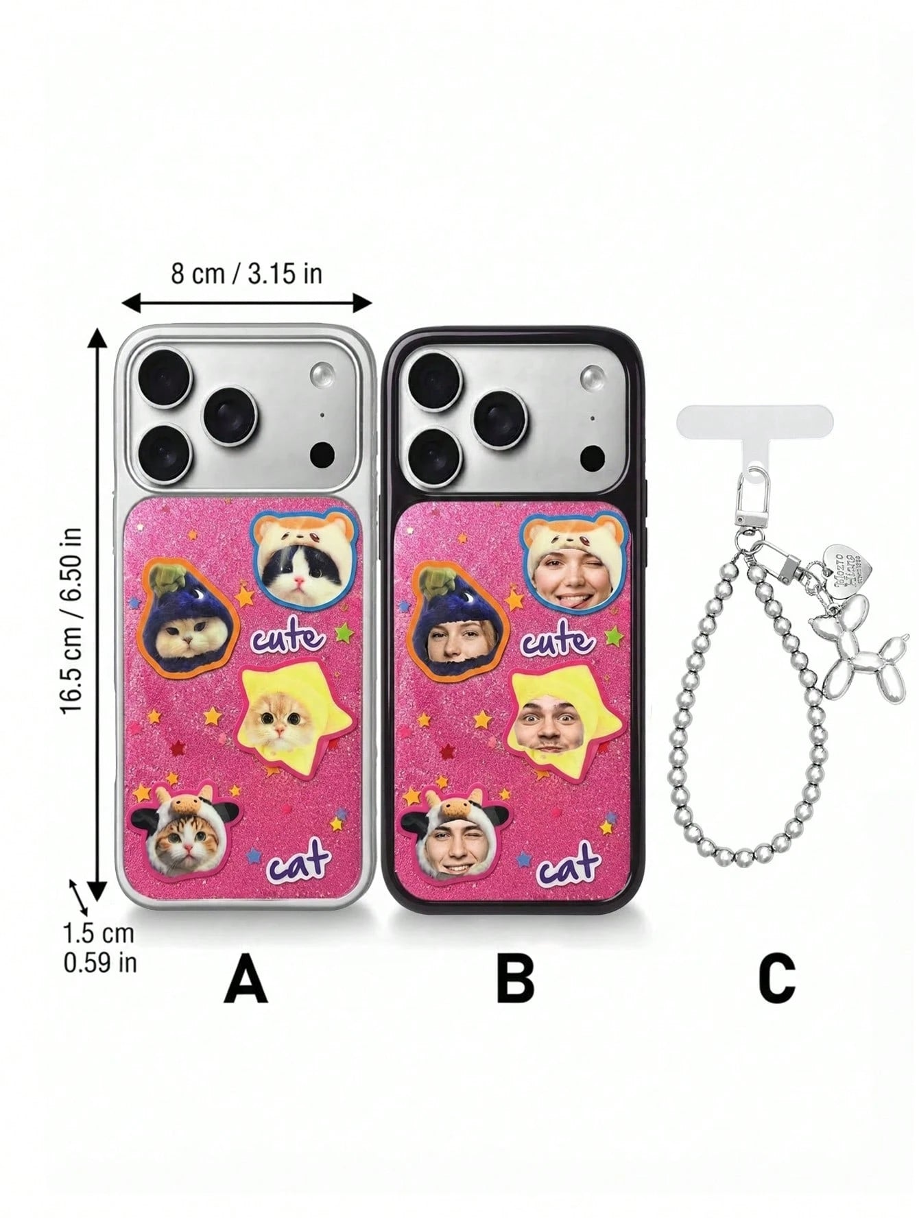 Custom Photo & Text Glitter Phone Case, Upload 4 Pet Or Portrait Photos To Convert Into Cute Sticker Patterns, Add Personalized Text Freely. Pink Glitter Background With Star Decoration, Soft Transpar
