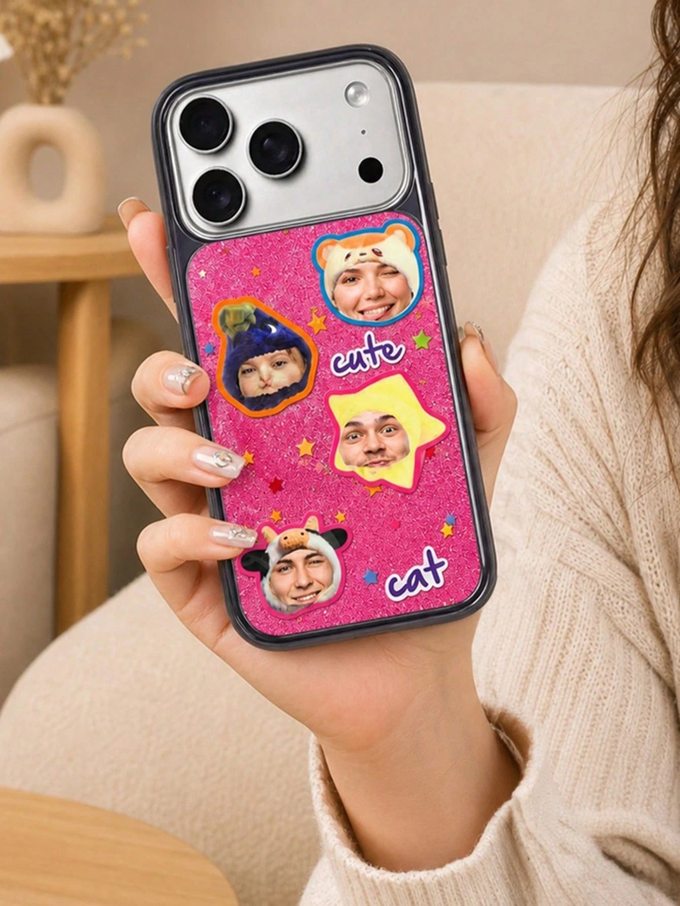 Custom Photo & Text Glitter Phone Case, Upload 4 Pet Or Portrait Photos To Convert Into Cute Sticker Patterns, Add Personalized Text Freely. Pink Glitter Background With Star Decoration, Soft Transpar
