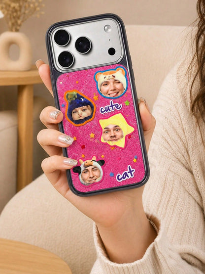 Custom Photo & Text Glitter Phone Case, Upload 4 Pet Or Portrait Photos To Convert Into Cute Sticker Patterns, Add Personalized Text Freely. Pink Glitter Background With Star Decoration, Soft Transpar
