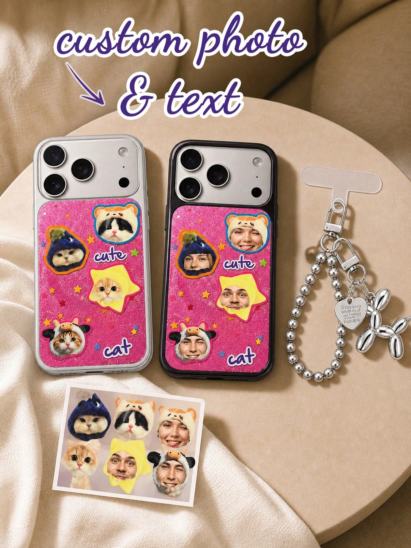 Custom Photo & Text Glitter Phone Case, Upload 4 Pet Or Portrait Photos To Convert Into Cute Sticker Patterns, Add Personalized Text Freely. Pink Glitter Background With Star Decoration, Soft Transpar