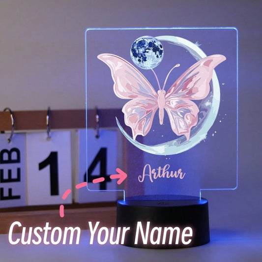 [Customized]1pc Creative Gift With A Pink Butterfly And Moon Theme, Suitable For Boys, Girls, Or Friends. This 3D Light-Shadow LED Night Light Emits A Warm Glow, Making It An Ideal Birthday Or Christm