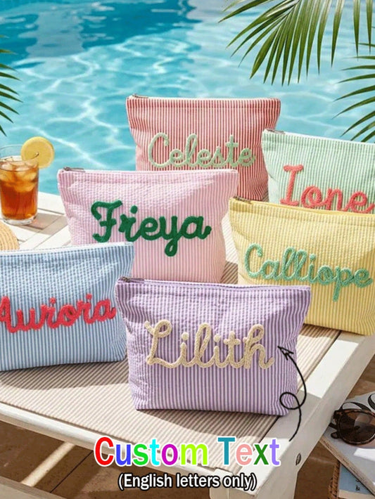 Customized Bubble Chiffon Cosmetic Bag, Travel Pouch, Personalized Chenille Name Toiletry Bag, Summer Beach Bag, Organizer Makeup Gift For Girlfriend
