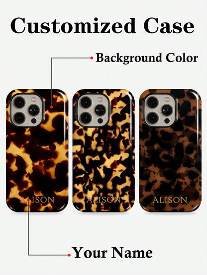Customized Leopard Print Letter Slogan 2-In-1 Glossy Filmstrip Hard Phone Case, Personalized Protective Shockproof Cover Compatible With 11/12/13/14/15/16 17 Pro Max, Animal Print Pattern Slim Fit Dur