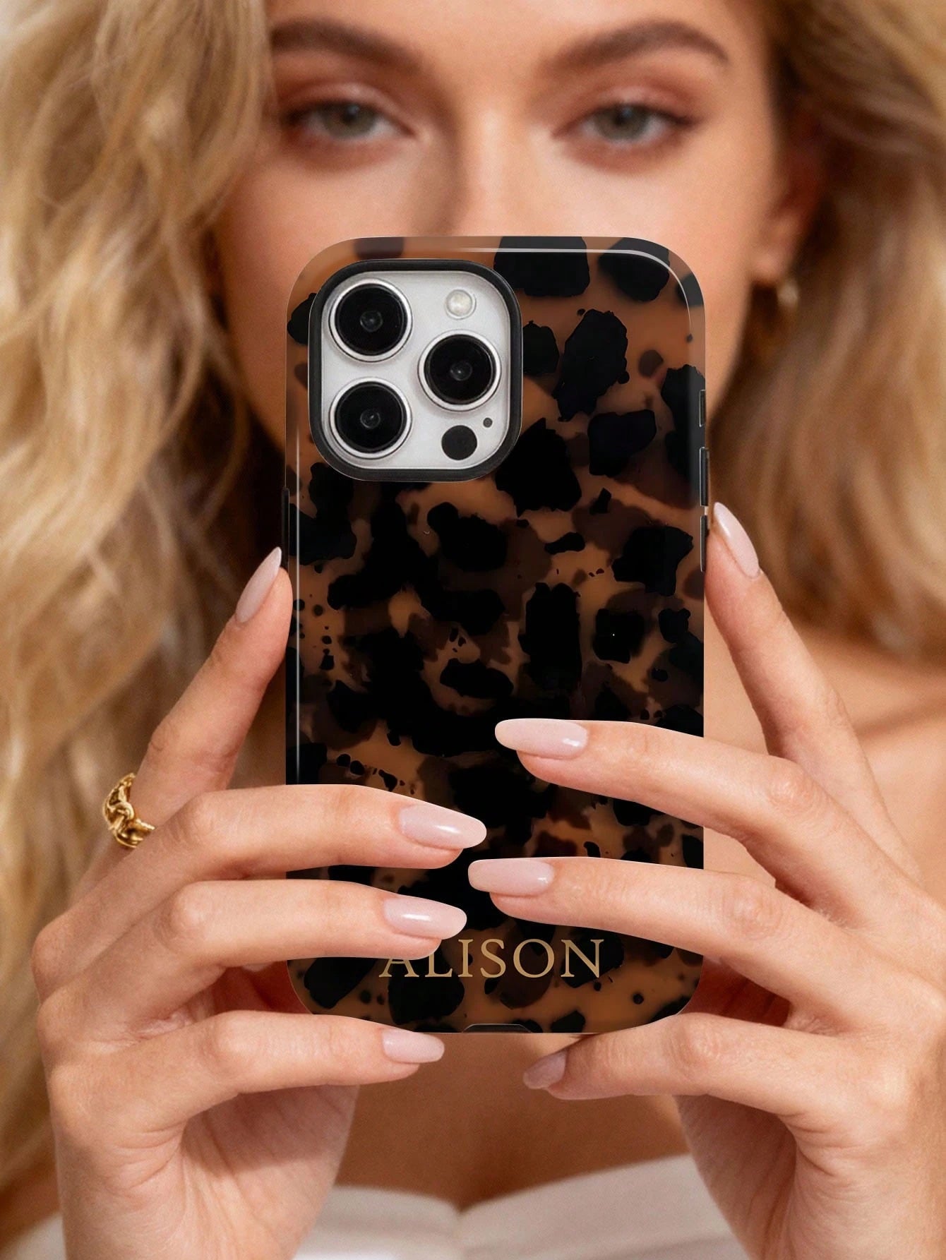 Customized Leopard Print Letter Slogan 2-In-1 Glossy Filmstrip Hard Phone Case, Personalized Protective Shockproof Cover Compatible With 11/12/13/14/15/16 17 Pro Max, Animal Print Pattern Slim Fit Dur