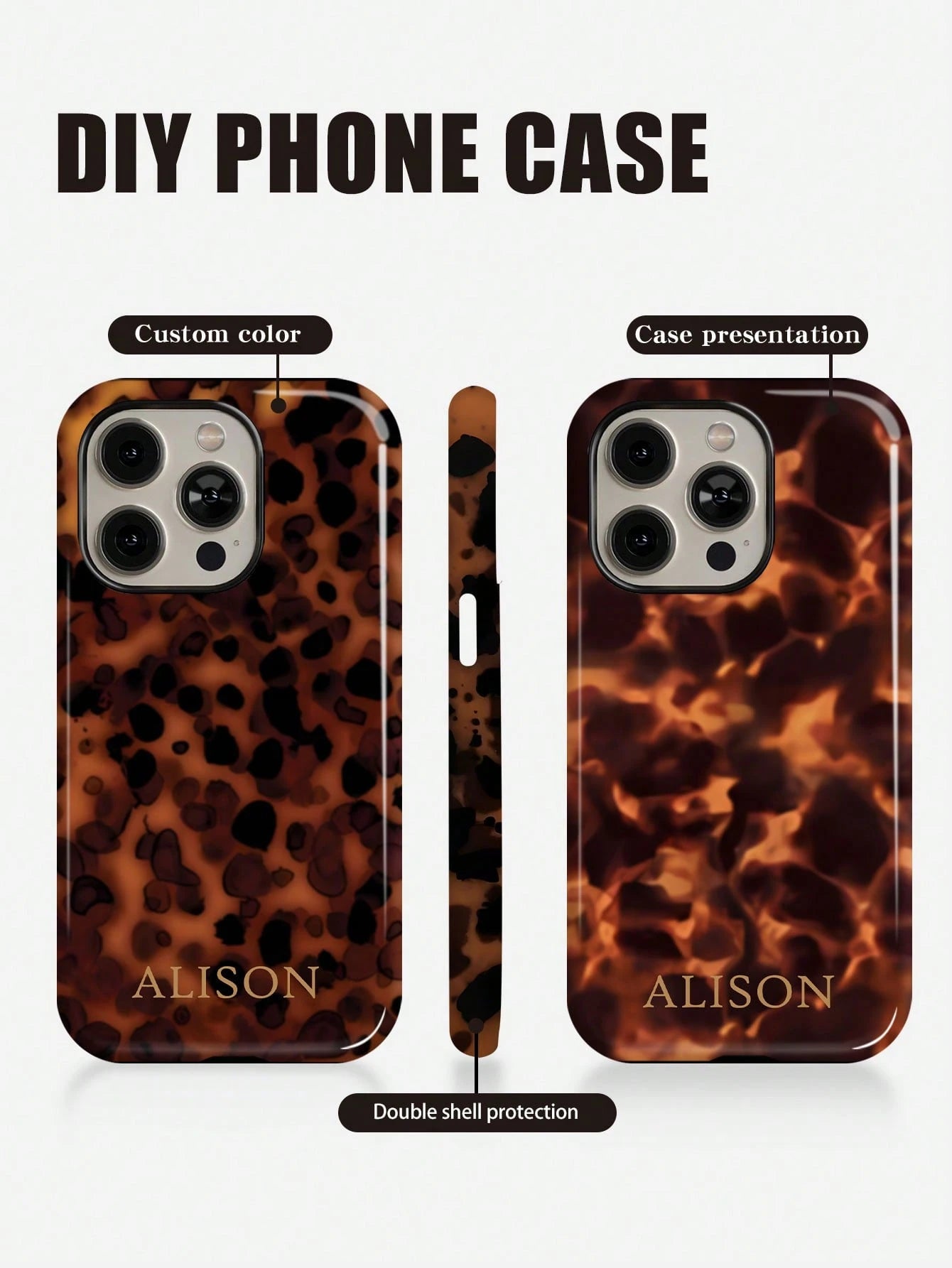 Customized Leopard Print Letter Slogan 2-In-1 Glossy Filmstrip Hard Phone Case, Personalized Protective Shockproof Cover Compatible With 11/12/13/14/15/16 17 Pro Max, Animal Print Pattern Slim Fit Dur
