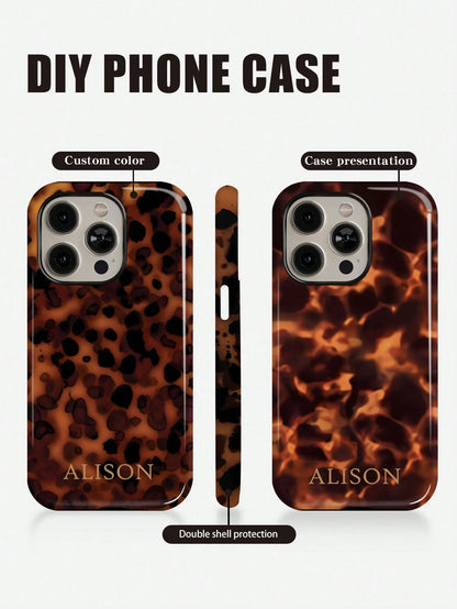 Customized Leopard Print Letter Slogan 2-In-1 Glossy Filmstrip Hard Phone Case, Personalized Protective Shockproof Cover Compatible With 11/12/13/14/15/16 17 Pro Max, Animal Print Pattern Slim Fit Dur