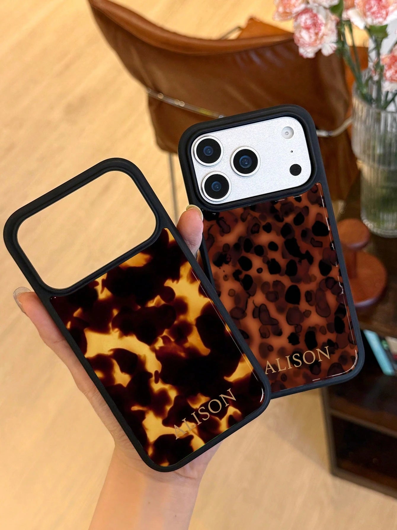 Customized Leopard Print Letter Slogan 2-In-1 Glossy Filmstrip Hard Phone Case, Personalized Protective Shockproof Cover Compatible With 11/12/13/14/15/16 17 Pro Max, Animal Print Pattern Slim Fit Dur
