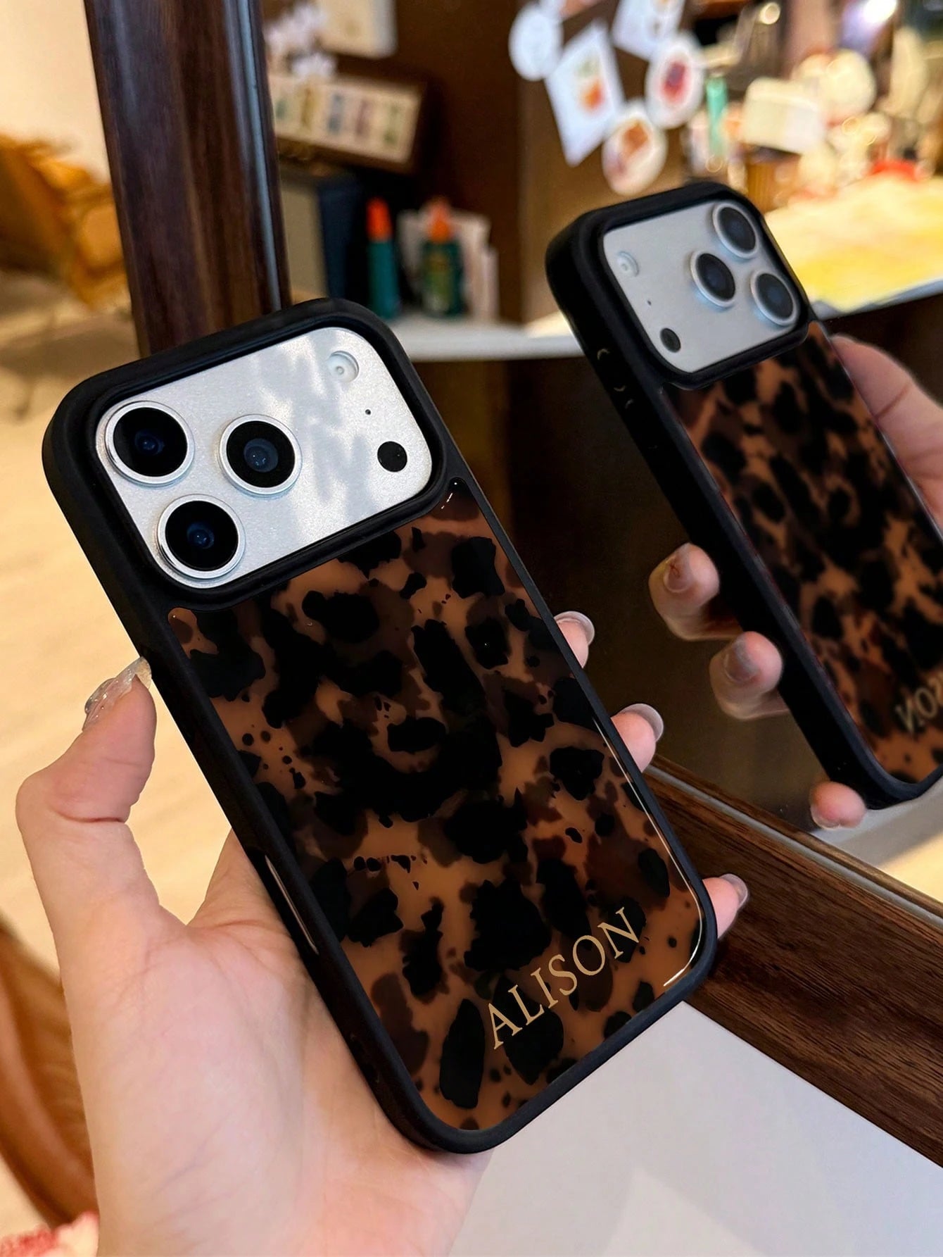 Customized Leopard Print Letter Slogan 2-In-1 Glossy Filmstrip Hard Phone Case, Personalized Protective Shockproof Cover Compatible With 11/12/13/14/15/16 17 Pro Max, Animal Print Pattern Slim Fit Dur