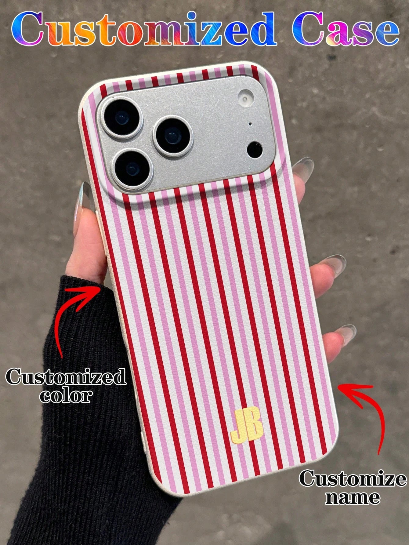 Customized Minimalist Patchwork Striped Letter Name Cream Hard Phone Case Cover, Personalized Protective Shell Suitable For Phone 11/12/13/14/15/16/17 Pro Max, Color Clash Design, Durable Shockproof B