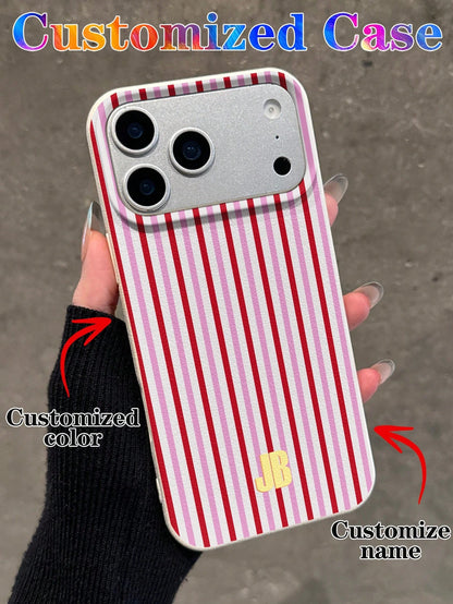 Customized Minimalist Patchwork Striped Letter Name Cream Hard Phone Case Cover, Personalized Protective Shell Suitable For Phone 11/12/13/14/15/16/17 Pro Max, Color Clash Design, Durable Shockproof B