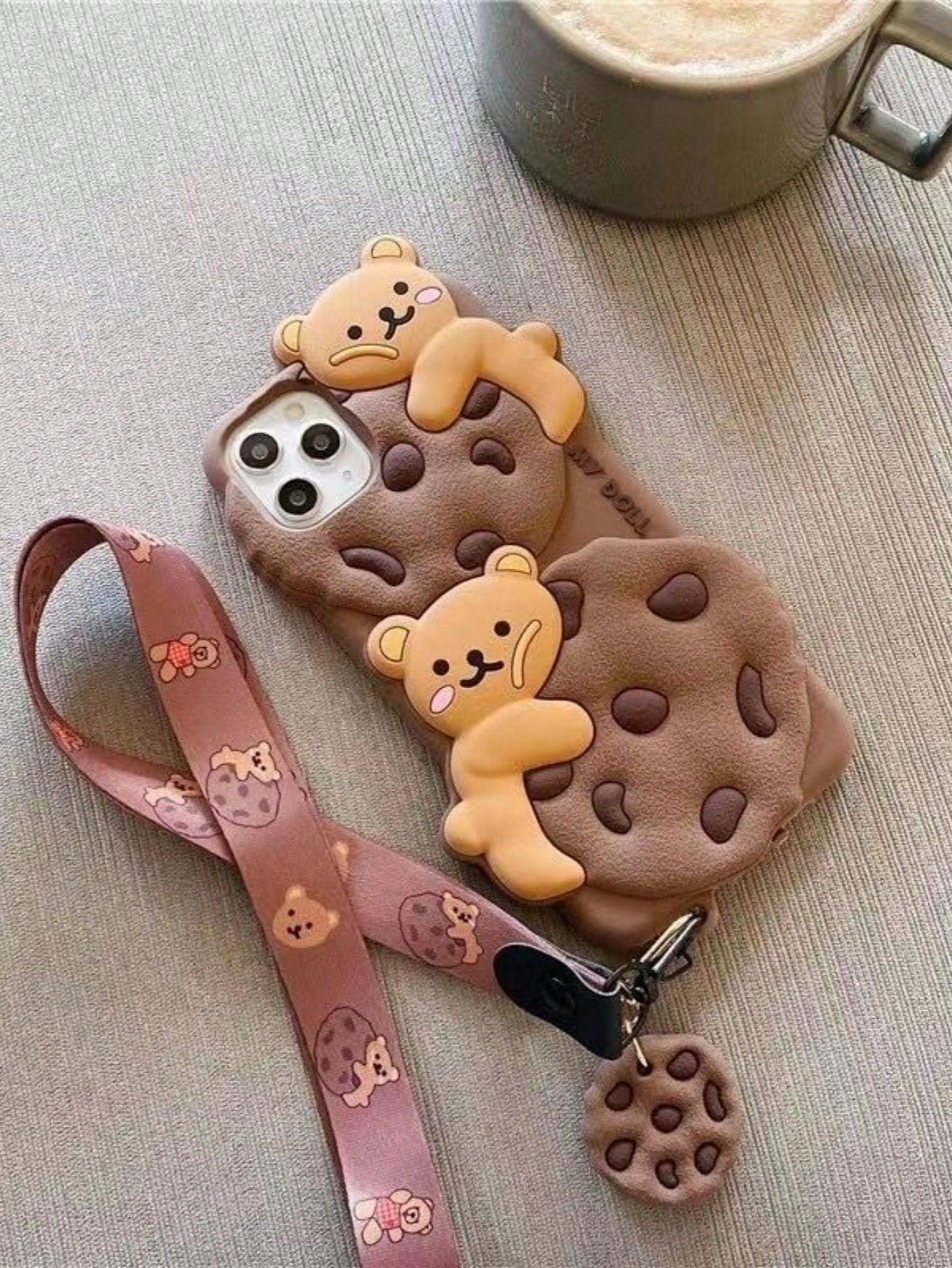 Cute 3D Teddy Bear Element Novelty Case Cartoon Cookie Teddy Bear With Lanyard Holder, Stripe Clothe Teddy, Teddy Bow, Birthday Hat, Tulip Teddy Phone Case Compatible With APPLE 13/14/11/12/16/15 Pro