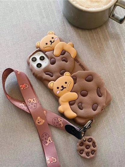 Cute 3D Teddy Bear Element Novelty Case Cartoon Cookie Teddy Bear With Lanyard Holder, Stripe Clothe Teddy, Teddy Bow, Birthday Hat, Tulip Teddy Phone Case Compatible With APPLE 13/14/11/12/16/15 Pro