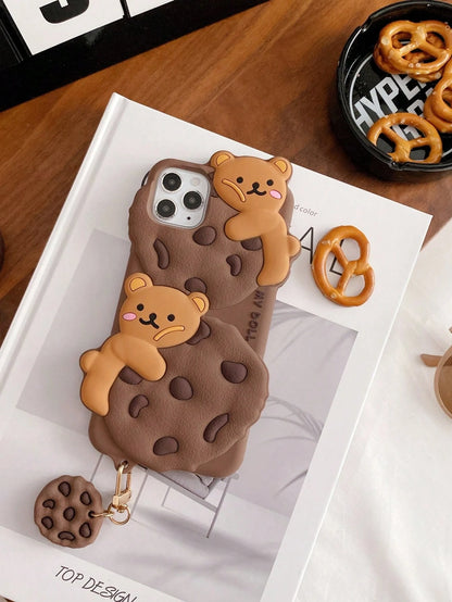 Cute 3D Teddy Bear Element Novelty Case Cartoon Cookie Teddy Bear With Lanyard Holder, Stripe Clothe Teddy, Teddy Bow, Birthday Hat, Tulip Teddy Phone Case Compatible With APPLE 13/14/11/12/16/15 Pro